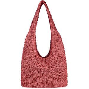 Women's Red Large Straw Beach Bag Handmade Woven Shoulder Hobo Tote Handbag